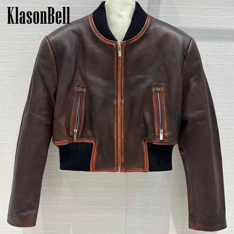 

7.21 KlasonBell Women Ribbed Stand Collar Spliced Sheepskin Baseball Jacket Vintage Distressed Zipper Short Outerwear