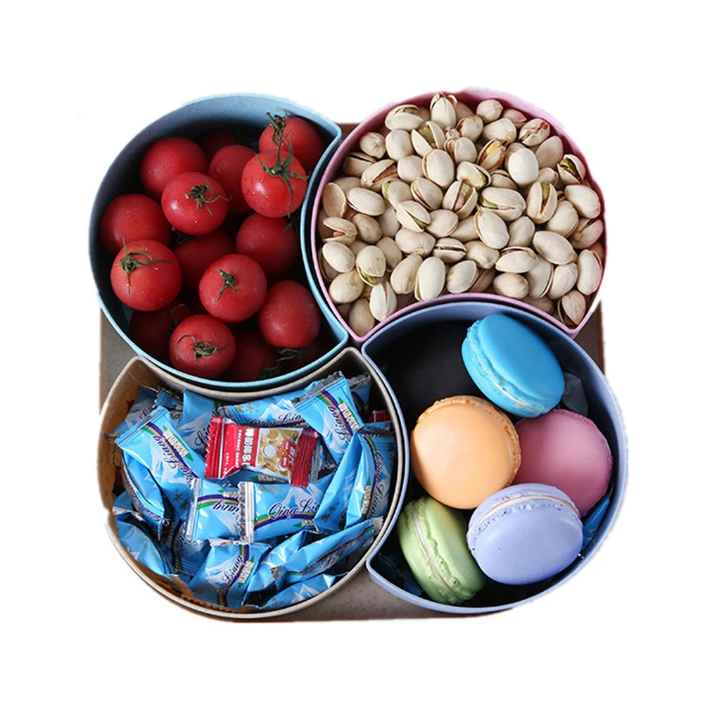 

Creative Wheat Straw Fruit Tray Fan Shape 4-Compartment Candy Box Snack Storage Tray Food Storage Box with Lid
