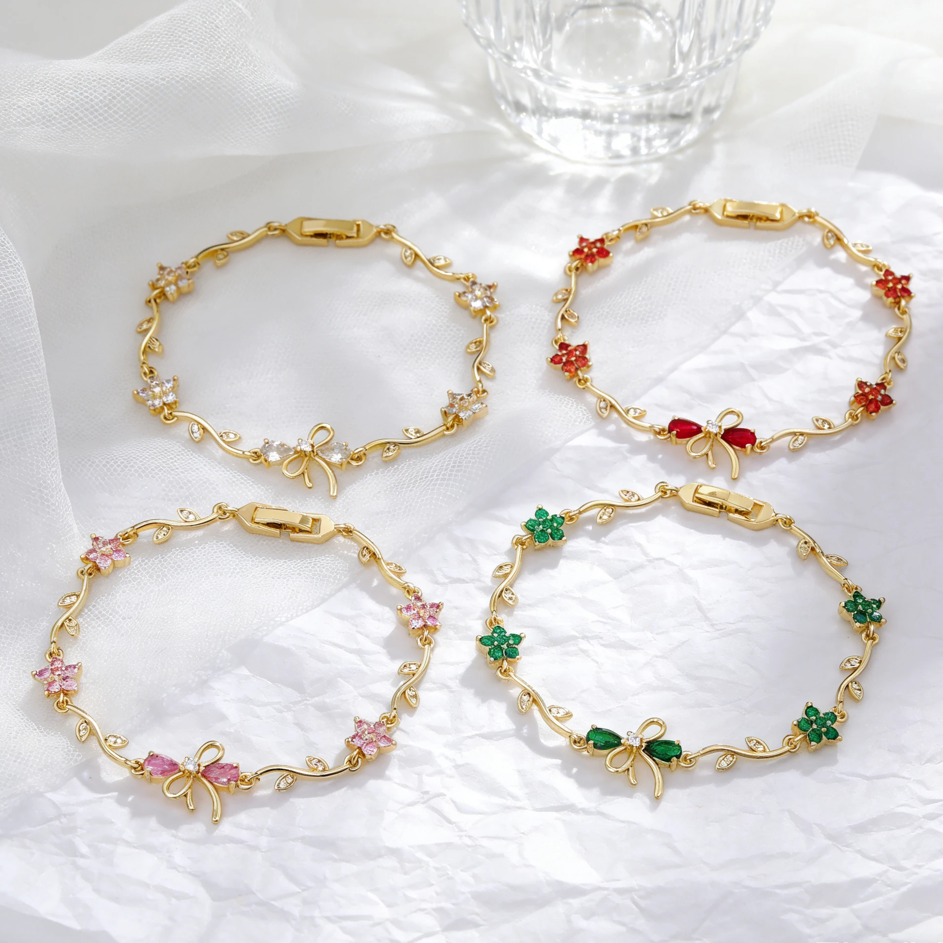 Cute Butterfly Bow Flower Crystal Bracelet Women Gold Plated Leaf Chain Dainty Zircon Bracelet Wedding for Party Jewelry Gift