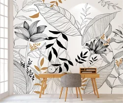 Rainforest plant leaf mural custom wallpaper black and white leaf mural home decoration banana leaf flower plant wall sticker