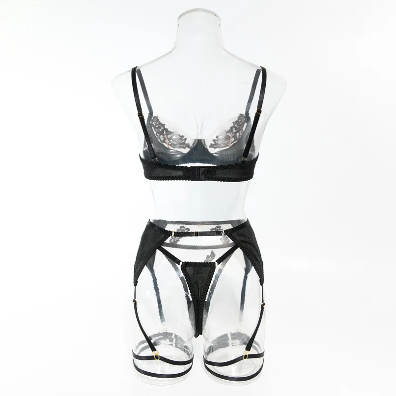 2025年フランス風セクシー3ピースシースルーランジェリーセット、メッシュ、刺繍、パッチワーク、プッシュアップブラ、Tバック付き qqny0003