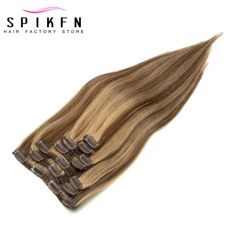 SPIKFN ブラウンブラジリアンマシンレミーストレートクリップ人毛エクステンション全頭 7 ピース/セット 14-24 インチボリュームヘア