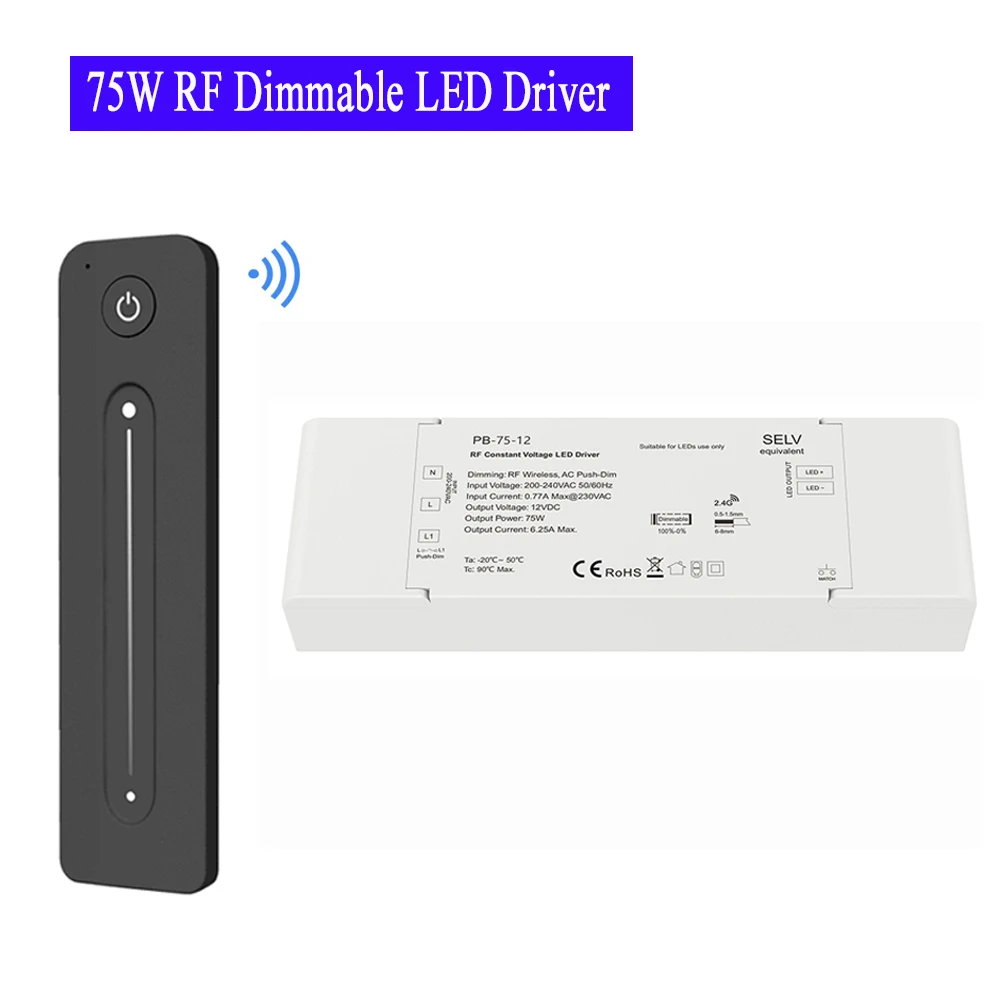 75W Dimmable LED Driver Fade Mode DC 12V 24V Constant Voltage Supply Power With AC Push Dimming RF 2.4G Remote Control Dimming