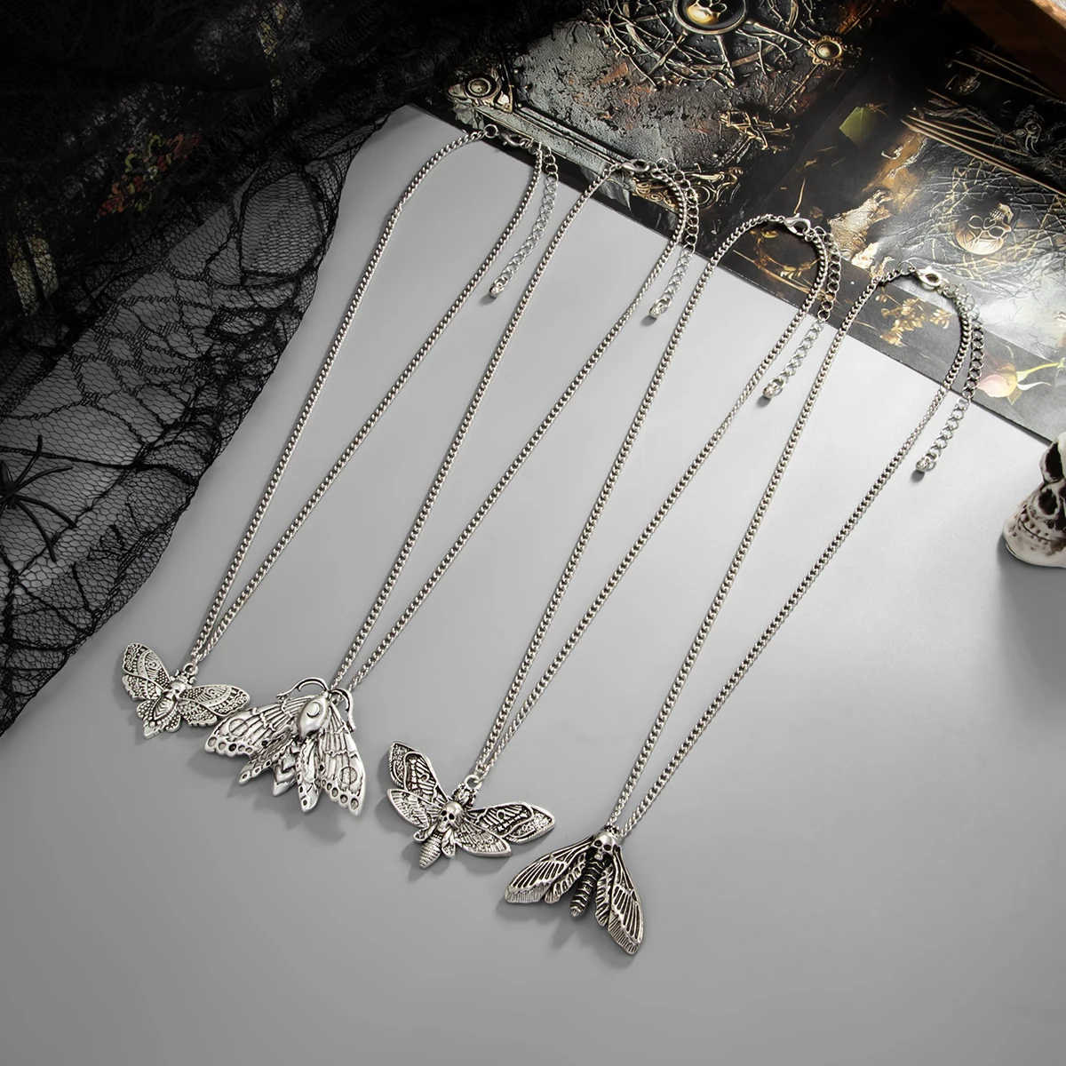 Salircon القوطي 4 قطعة/المجموعة الجمجمة عقد بحلية متدلية على شكل فراشة قلادة للنساء خمر الشرير الفضة اللون المختنق سلسلة مجوهرات هدايا الهالوين #4
