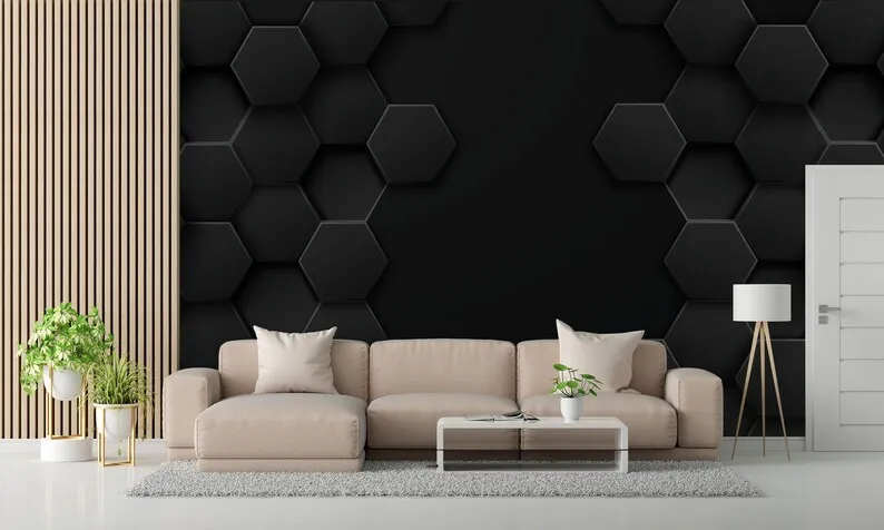 Geometric Design Wallpaper, Geometrical Shapes Wall Mural, Luxury 3D Look Self Adhesive Wallpaper, Office 3D Effect Dark Color W