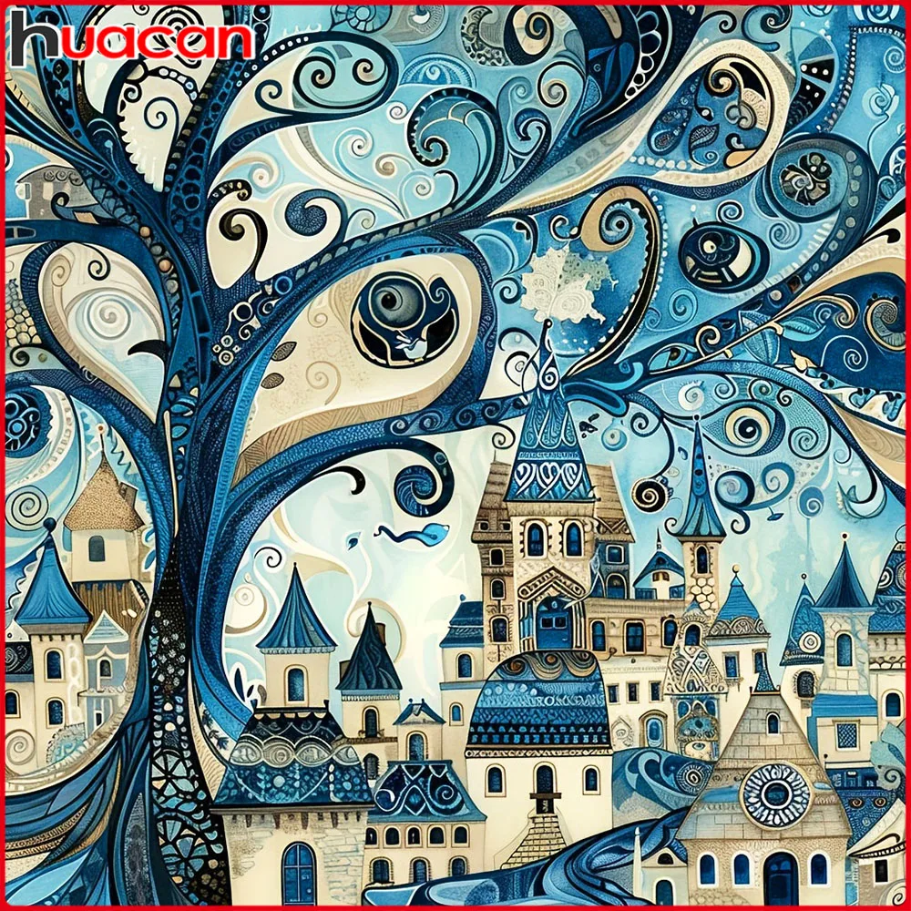 Huacan Diamantmalerei Baum Stadt Haus Diamant-Mosaik Landschaft Komplettes Set Dekorative Gemälde