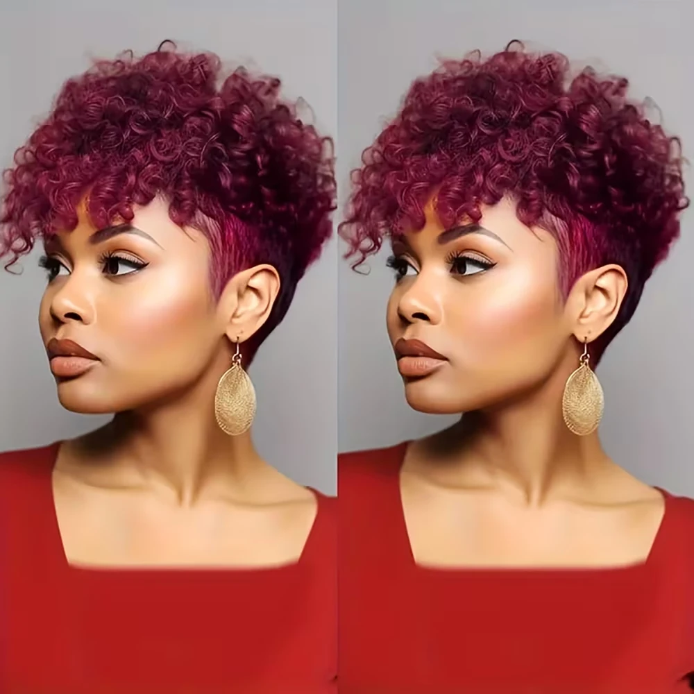 باروكات مجعدة باللون العنابي، باروكة شعر بشري قصيرة بقص عابث مع غرة للنساء، شعر برازيلي مصنوع آليًا، شعر مستعار مستقيم أسود طبيعي #3