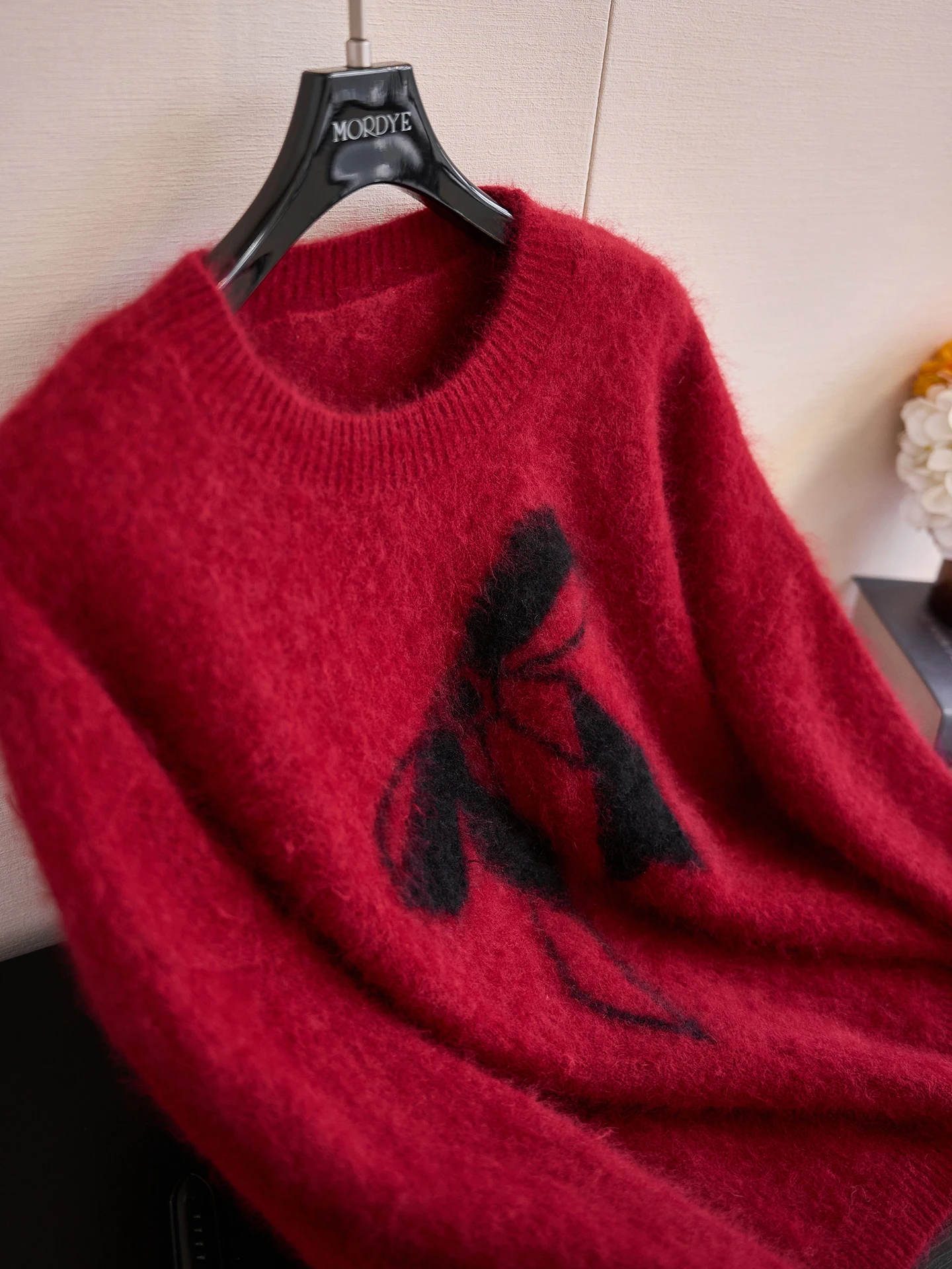 

Теплый красный шерстяной вязаный свитер для женщин с узлом, 00% шерсть, повседневный, с длинными рукавами, круглый вырез горловины