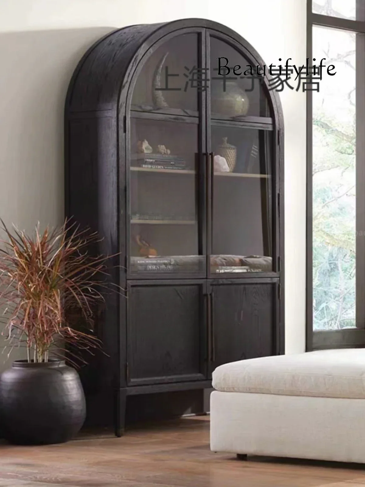 American-Style Solid Wood Nordic Sideboard Cabinet Black Arched Glass Door Decorative Bookshelf Vintage Wine Cabinet