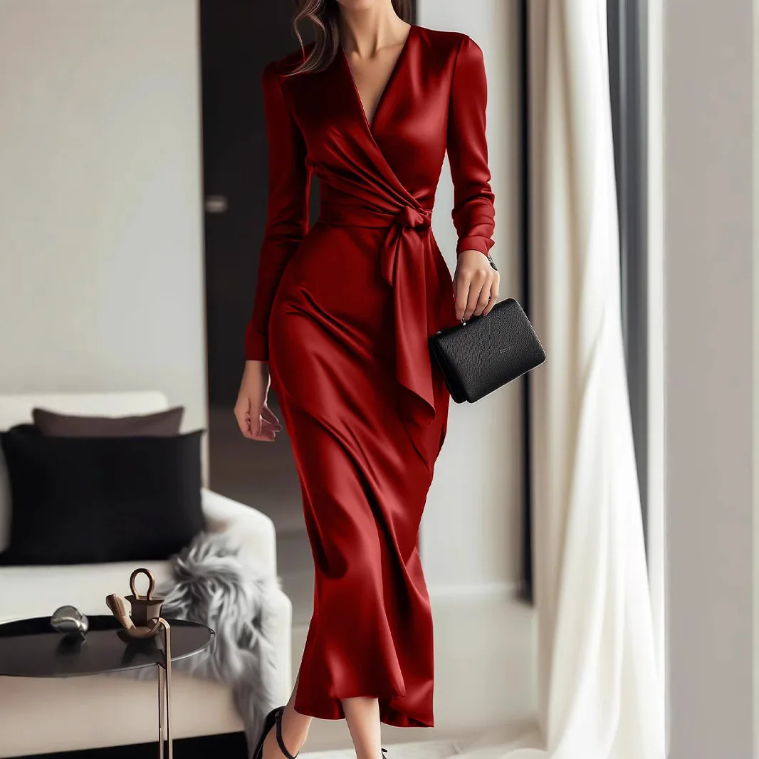 

Long Dress Women Dresses Sexy Party Night Vestidos Y2k Streetwear V Neck Full Sleeve Elegant Splice Work Tight Waist Slim Fit