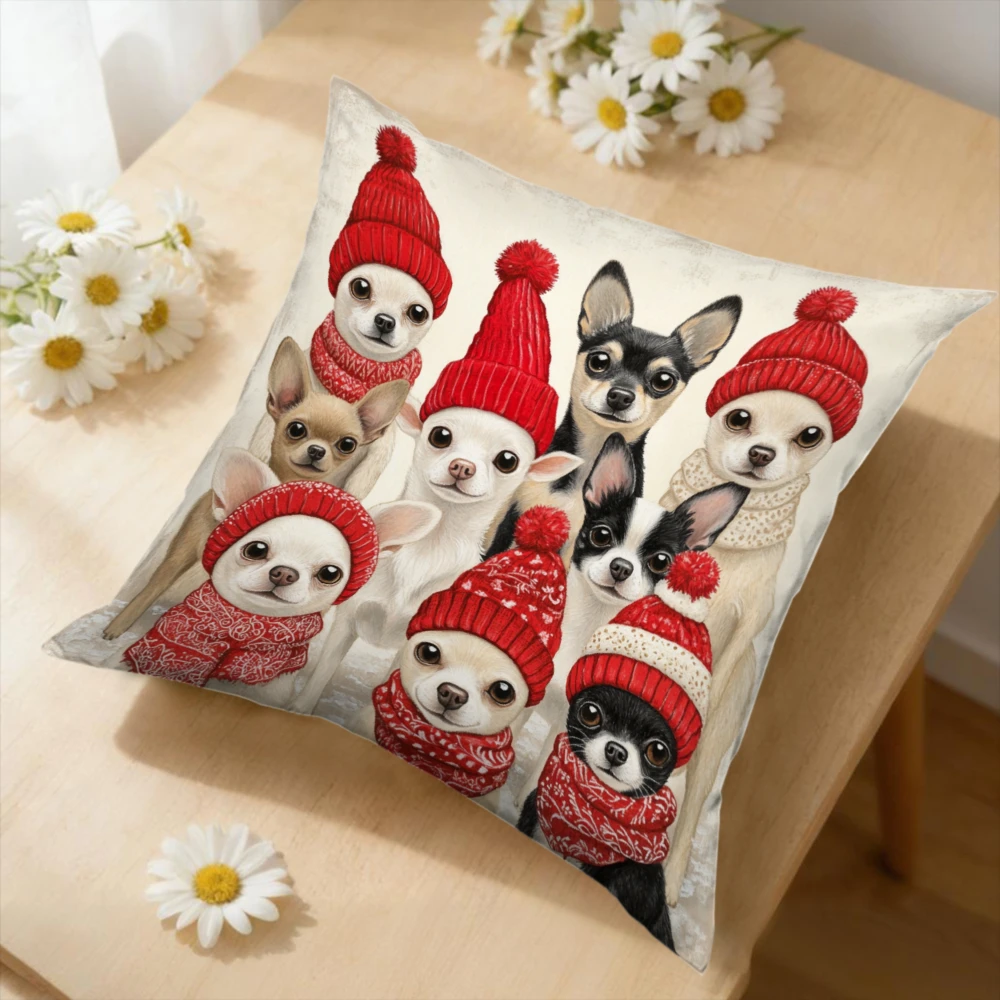 1pc Cute Chihuahua Dogs In Red Hats Cushion Cover White Winter Puppy Print Pillowcase For Sofa Bed Home Decor Soft Square Case