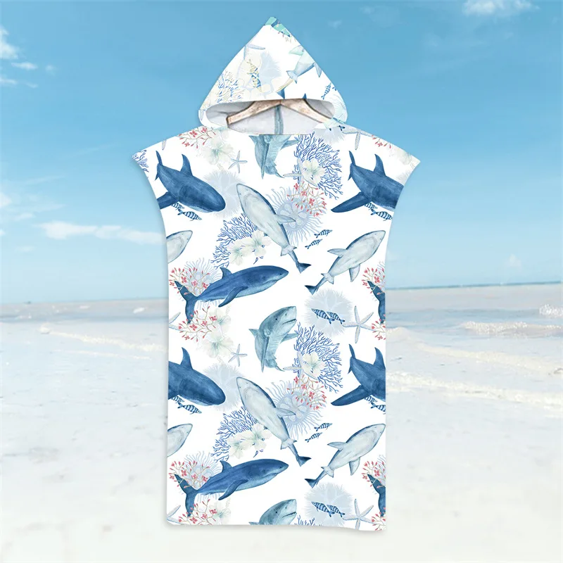 Shark Bathrobe Beach Towel In Deep Sea Animals Quick-Drying Bath Towel Lightweight Hooded Cloak Swim Surf Adult Women Men Poncho