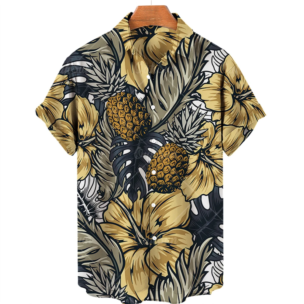 Camisas hawaianas de manga corta con estampado de frutas para hombre, Tops con patrón de piña, ropa informal de moda, camisa suelta de verano