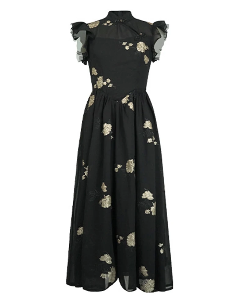 Vintage Qipao Maxi Dresses for Women Sexy Cheongsam Dress Black Sequin Embroidery Hollow Cut Out Party Robe Femme Prom Vestidos