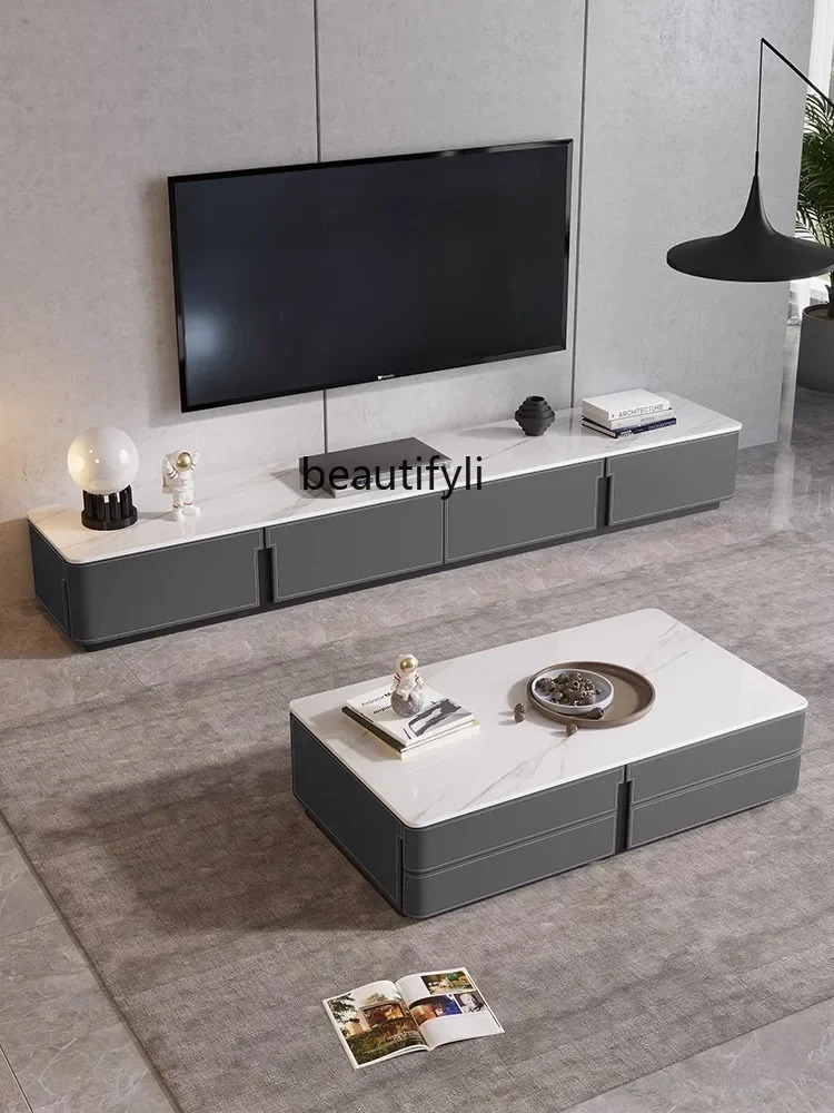 

zxqModern Simple Lengthened Floor TV Cabinet Living Room Home High-End Saddle Leather Stone Plate Coffee Table TV Stand Combinat