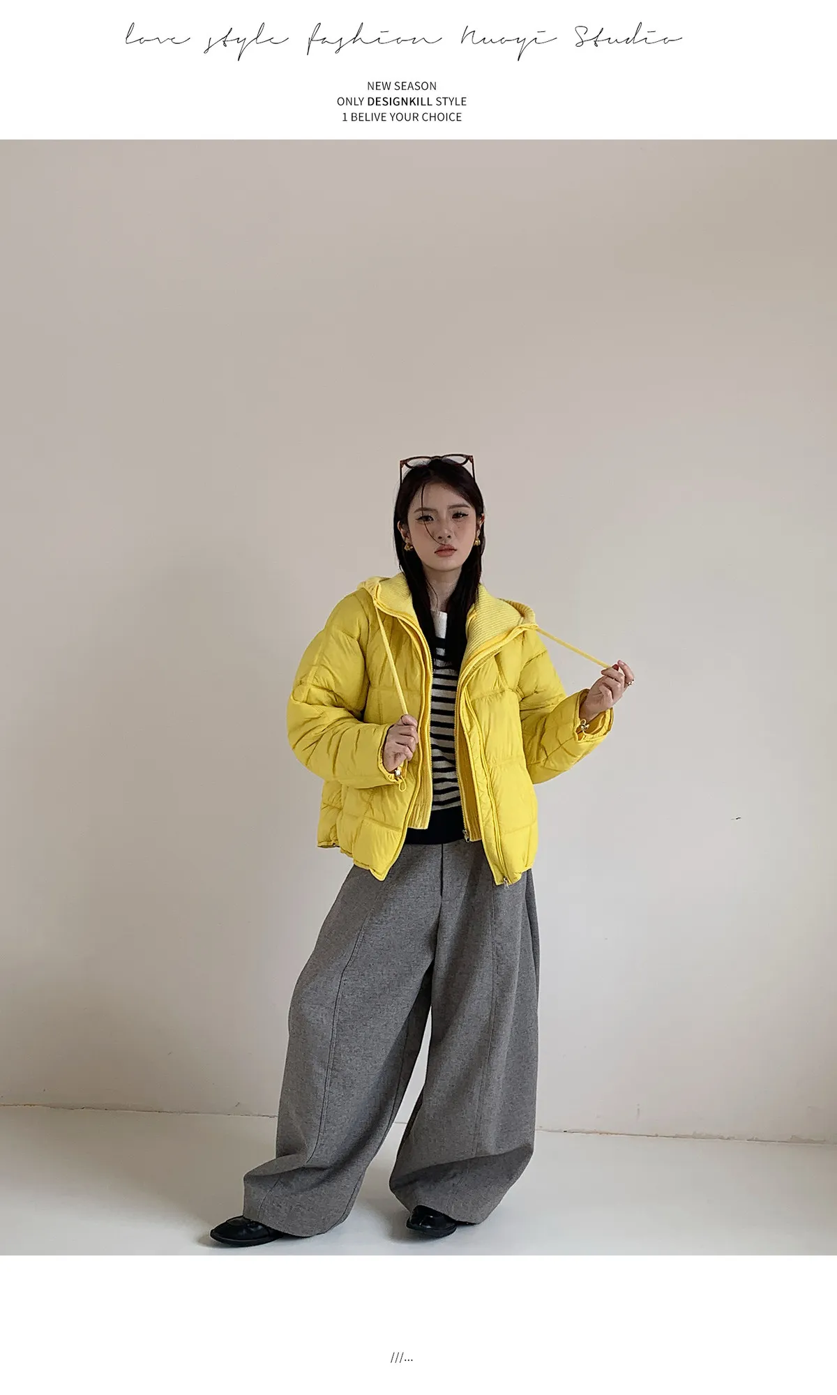 Korean Knit Hood Patchwork Short Puffer Jacket Women Loose Lightweight Warm Padded Parkas Women Solid Color Zipper Winter Jacket