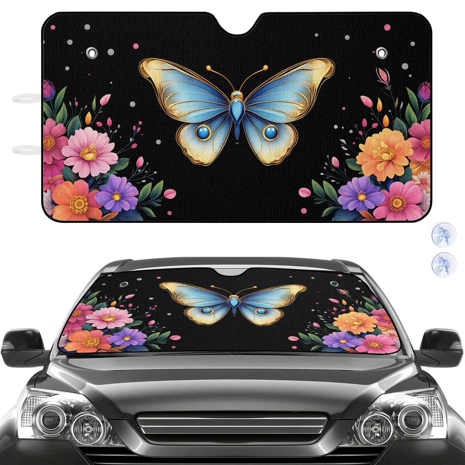 Car Windshield Sun Shade | Black Butterfly And Flowers Pattern, Aluminum Material, Universally Applicable For Car Interior Prote
