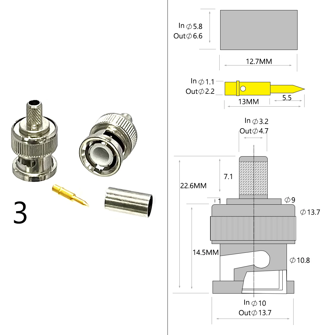 1-4PC BNC męski żeński wtyk Jack RF złącze koncentryczne zaciskane do kabla RG316 RG174 RG58 RG142 miedź niklowana z rysunkiem nowość