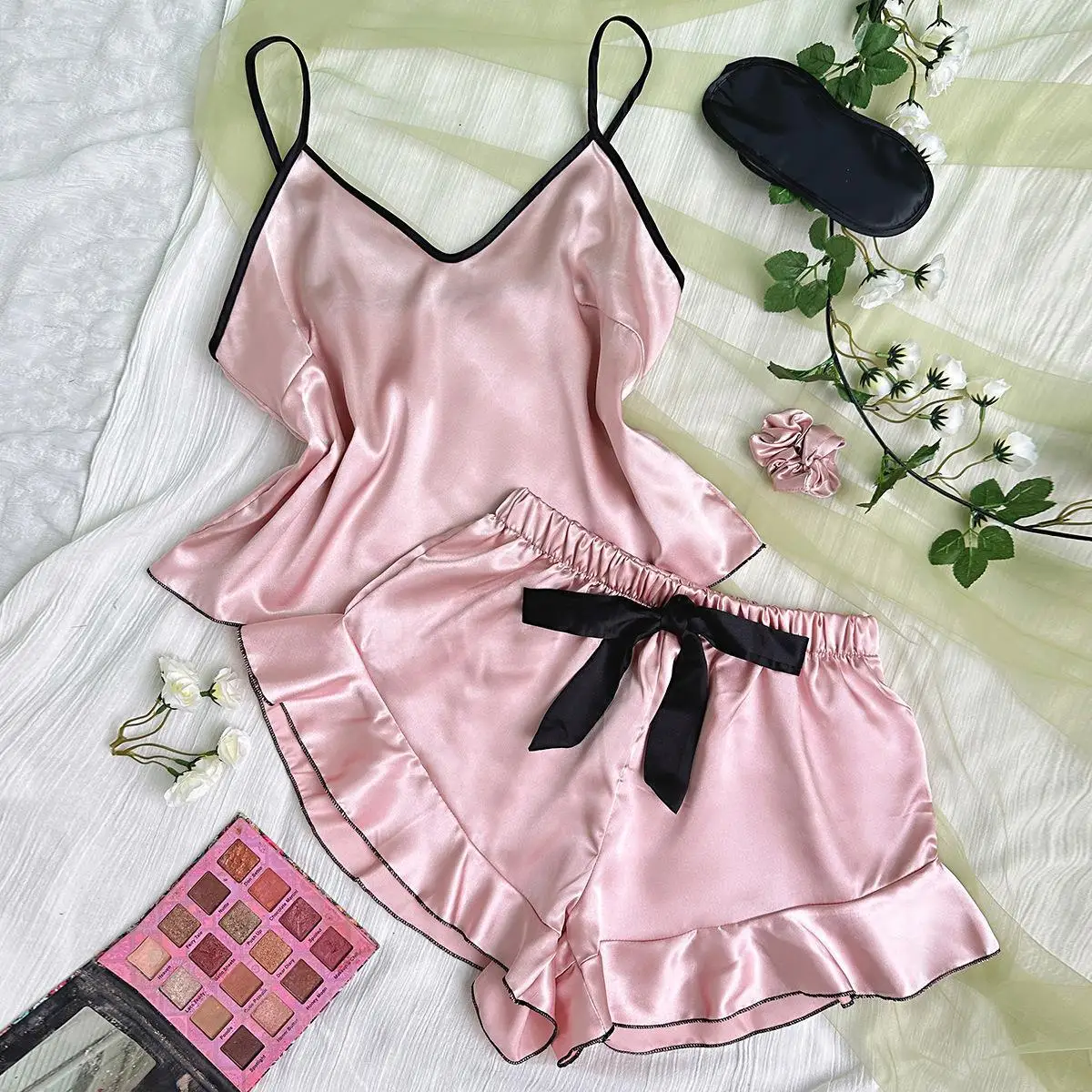 

Sexy Peplum ter ort Pajama Set Women's Spwear Home Clothes Hollow out Design Breathable Color Satin Fabric ort Skirt