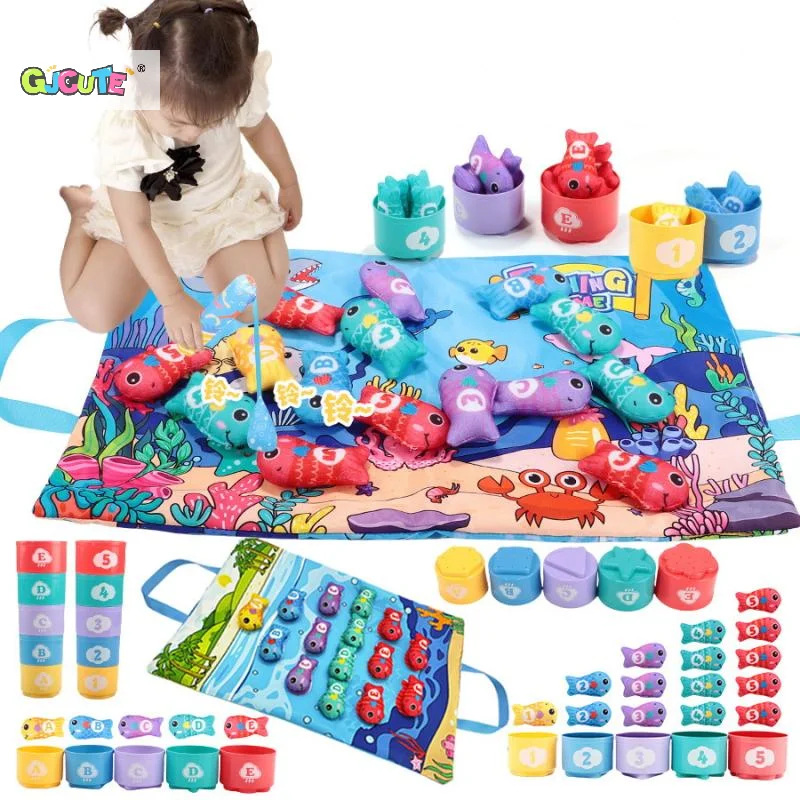 Set Educational Cloth Fishing Game with Color Sorting Stacking Cups–Montessori Number Counting Toy for Toddlers