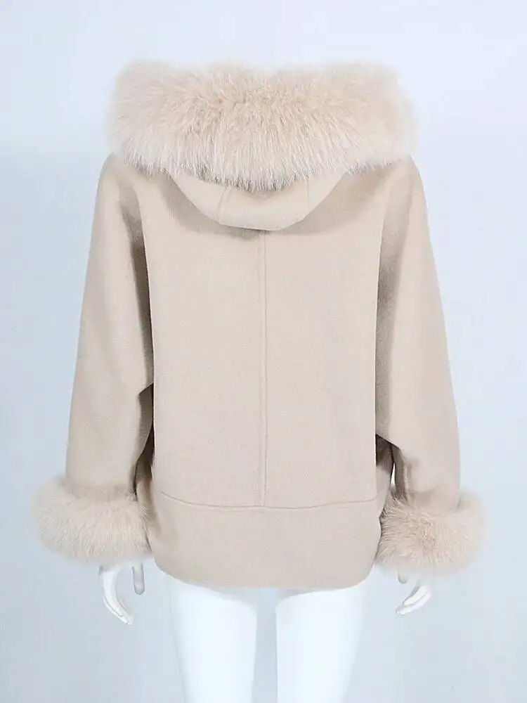 2026 الشتاء الخريف سترة المرأة ريال فوكس الفراء مقنعين الكفة ملابس خارجية غير رسمية معطف الصوف يمزج الصوف معطف جديد