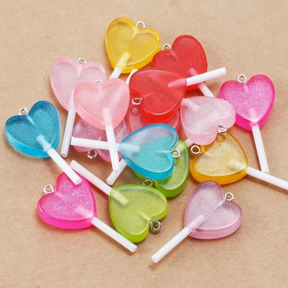 10Pcs Kawaii Sparkly Heart Lollipop Resin Charms Glitter Candy Pendants Handcraft Ornaments For Earrings Keychain Making