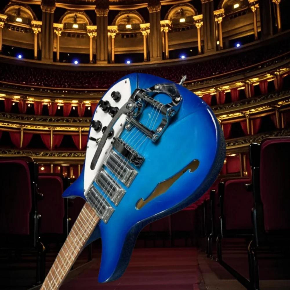 Envío gratis 6 cuerdas metalizado azul Ricken 325 Semi Hollw cuerpo guitarra eléctrica con sintonizadores Tuilp guitarra cabeza redonda seda