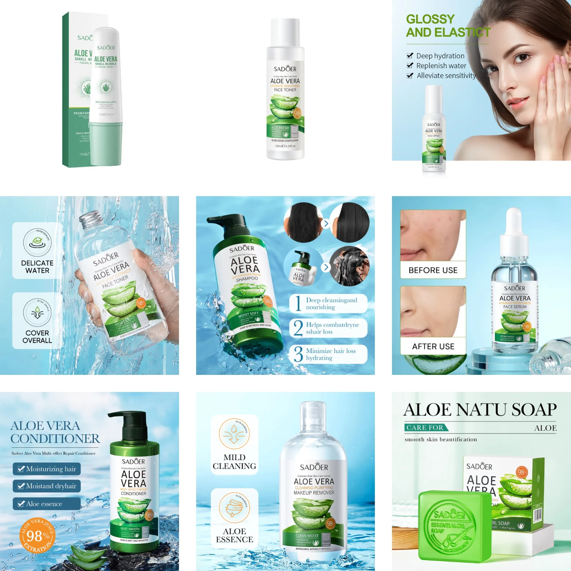 SADOER-suero de tóner de Aloe Vera, jabón de esencia, agua limpiadora, champú, acondicionador, mascarilla de burbujas, cuidado hidratante calmante de la piel