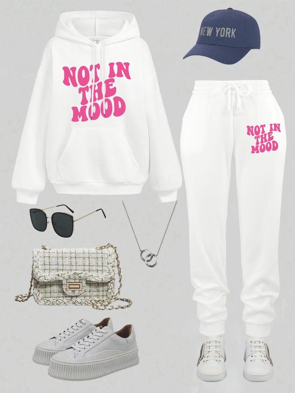 

Женский комплект из 2 предметов с капюшоном, спортивные штаны с принтом «Не в настроении», осенние свободные флисовые спортивные штаны, толстовка, повседневная одежда с карманами