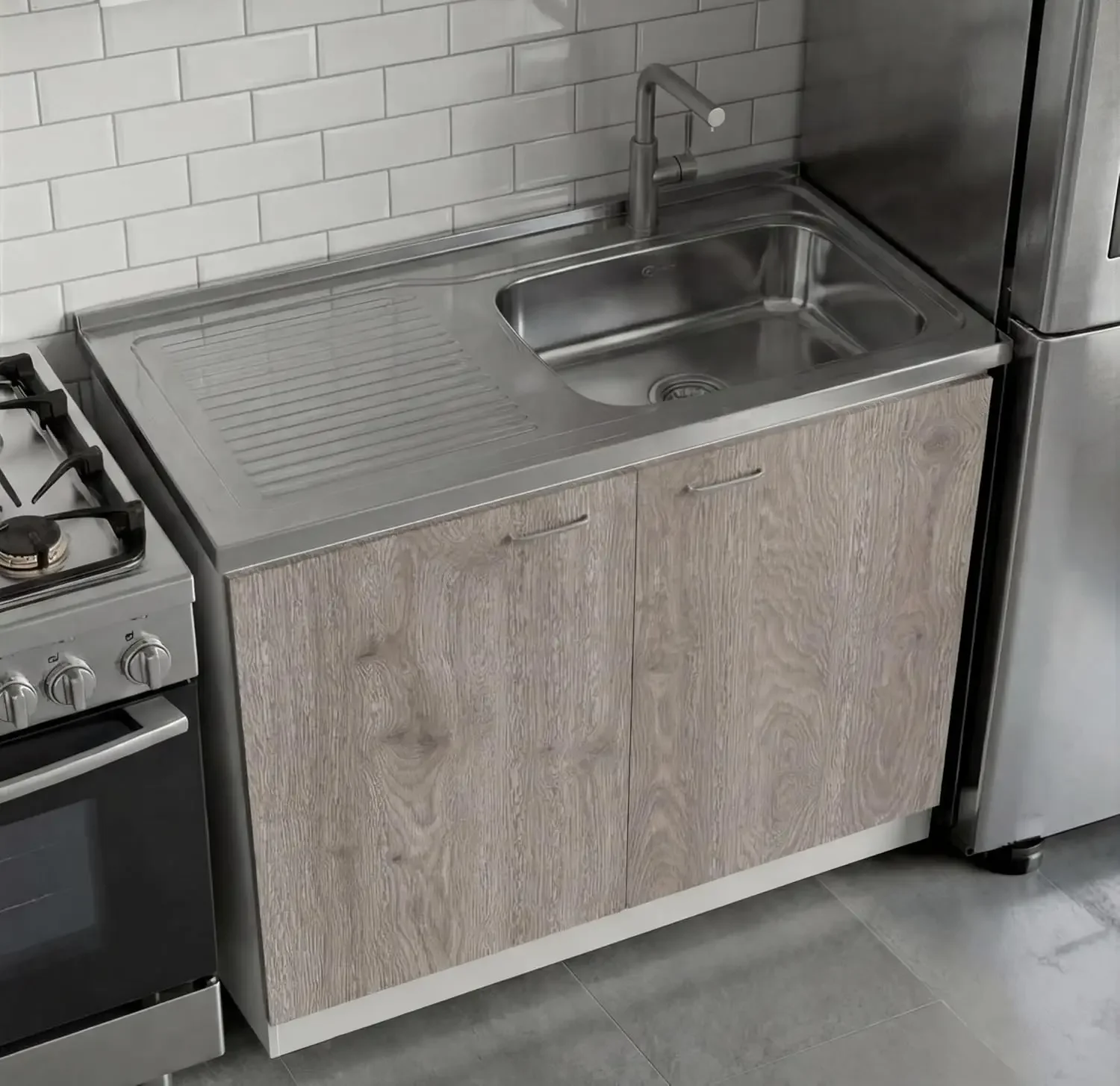 

Freestanding Utility Sink Base Cabinet Integrated Stainless Steel Countertop Double Doors Interior Shelf For Laundry Room Utilit
