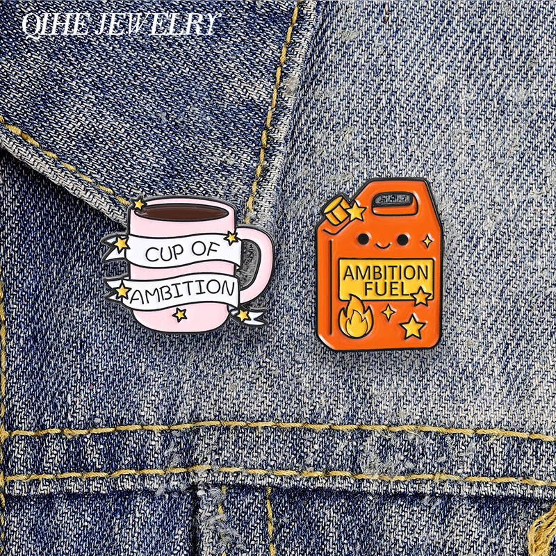 Ambition Fuel Oil Can Enamel Pin Cup Of Ambition Pink Mug Star Ribbon Motivational Brooch Lapel Badge Jewelry Gift for Friends