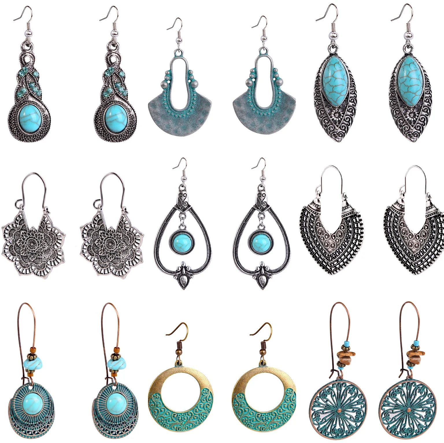 

Ethnic Vintage Tibetan Silver Color Turquoise Dangle Drop Hook Earrings Jewelry For Women