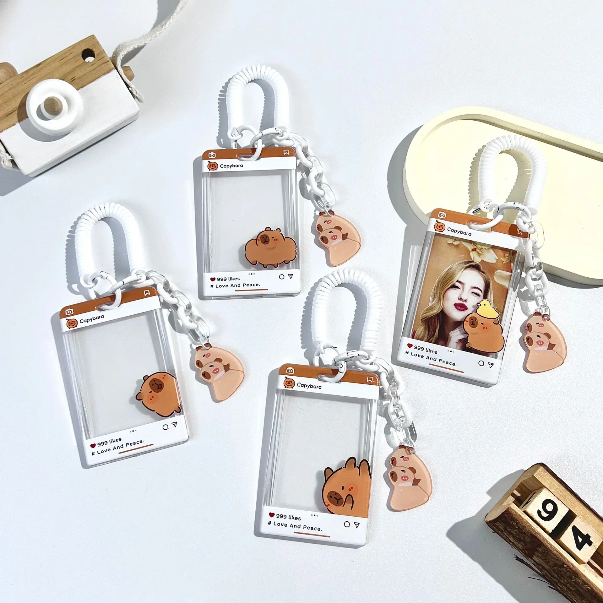 Transparent Photo ID Card Cover Cute Capybara Card Holder with Elastic Cord Portable Photocard Protective Case Fashionable