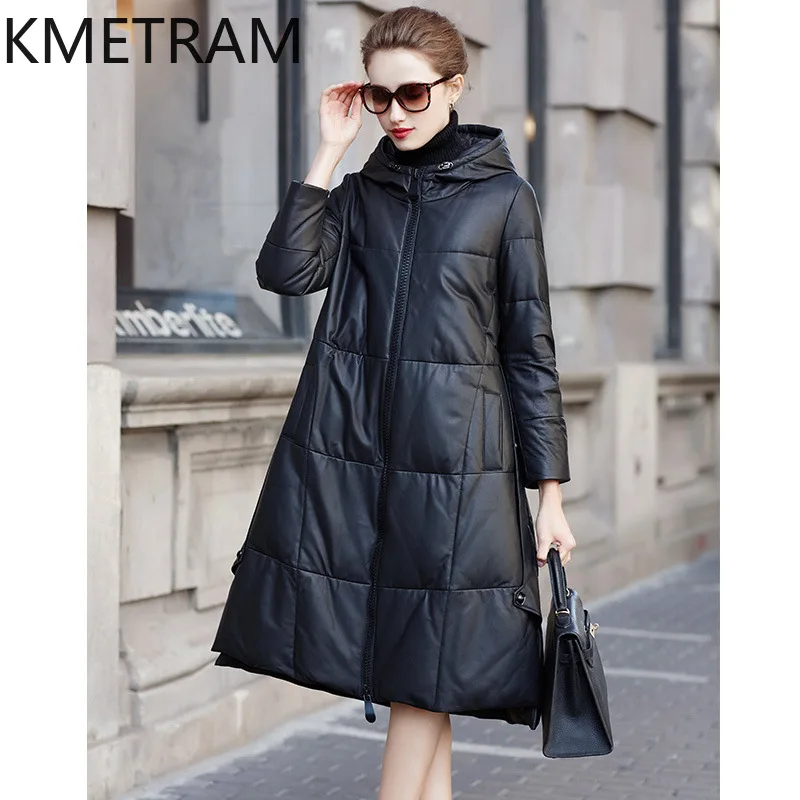 KMETRAM Real Sheepskin White Duck Down Jackets Women Hooded Mid-Length Puffer Jacket Loose A-Line Winter Coat 2026 Woman Clothes