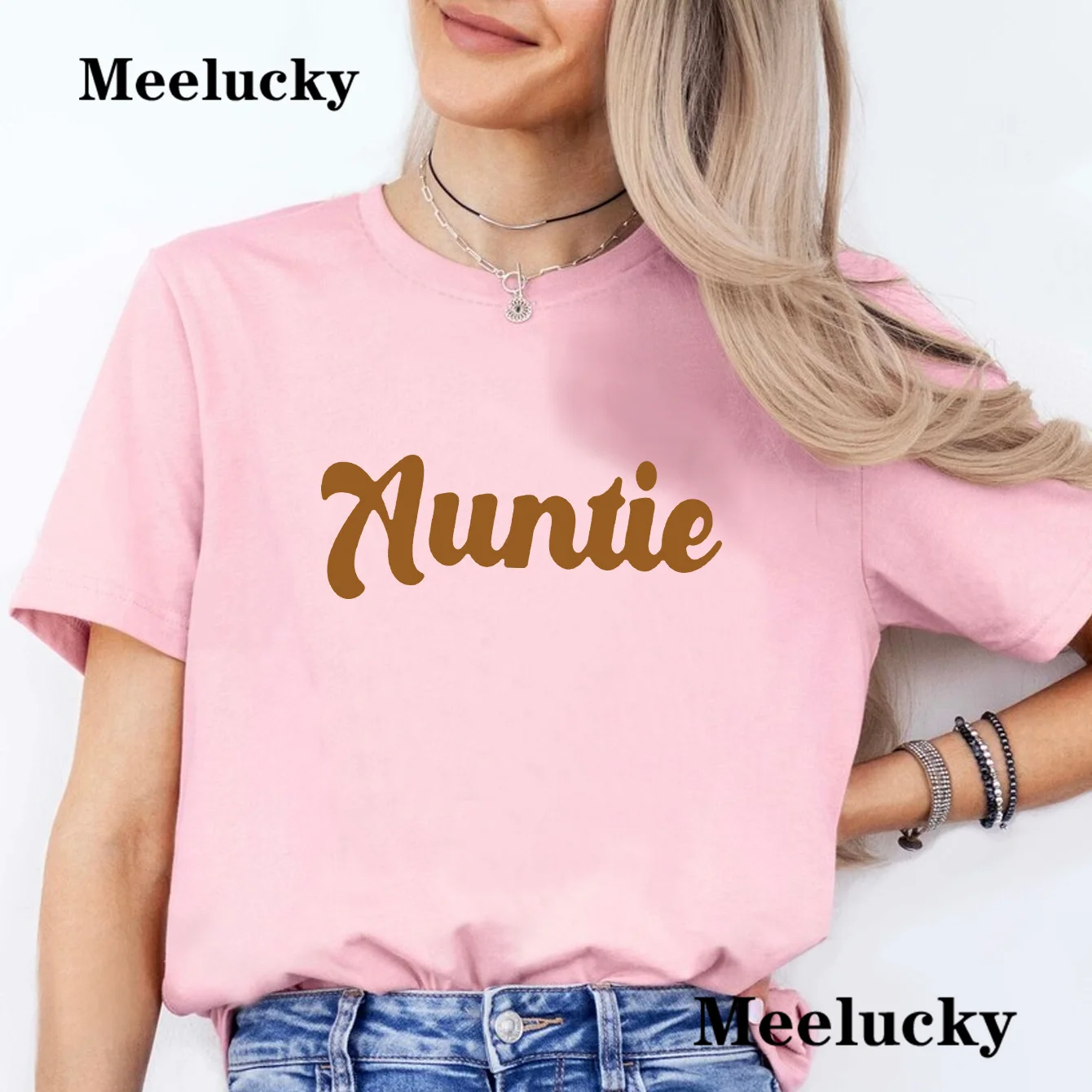 Auntie Women's Letter Print Crew Neck T-Shirt - Casual Short Sleeve Tee for Spring & Summer