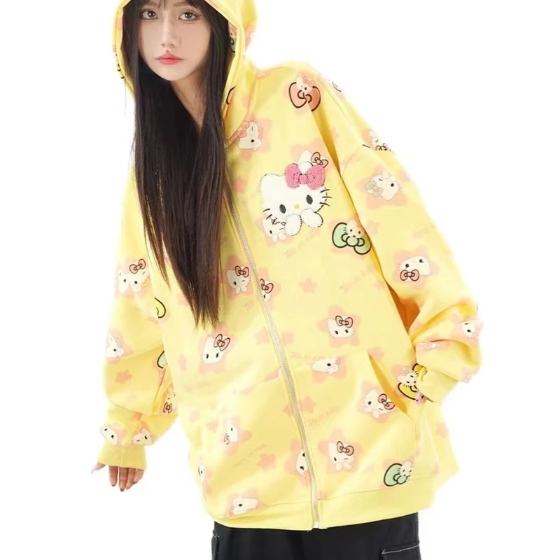 Sanrios Hello Kitty Cute Sweet Girl Hooded Sweater Trend Casual Zipper Cardigan Girls Autumn and Winter Long-Sleeved Jacket