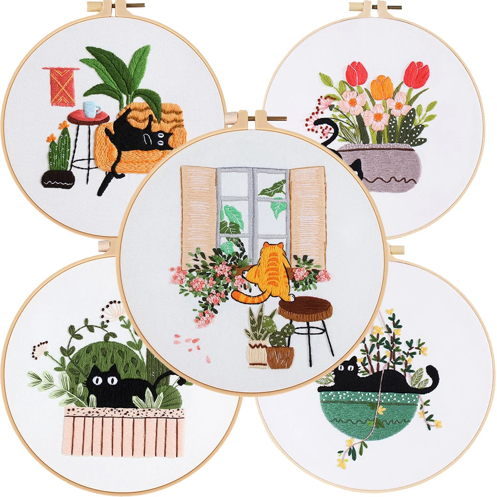 Kit de bordado para principiantes DIY, kits de bordado para principiantes adultos con patrón de flores y plantas de gato, agujas, instrucciones de hilos