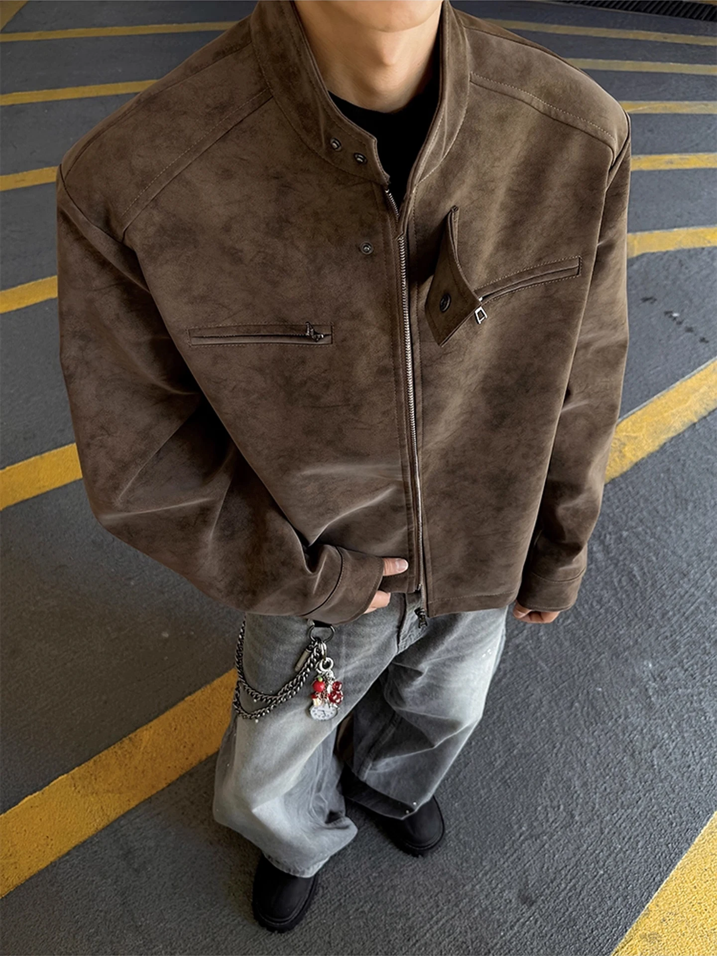 

American Sle Thiened Retro Biker Leather Jaet Men's Autumn Winter Stand Collar PU Leather Coat Youth Outdoor Wear