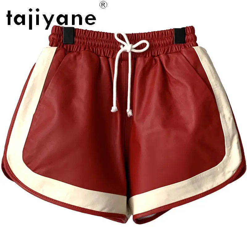 TAJIYANE Real Leather Shorts Sheepskin Short Femme Color Blocking Women Drawstring Shorts Deportivo Wide-leg Shorts for Woman