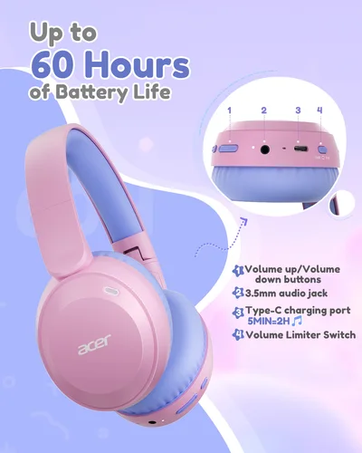 Imagen 2 del producto Audífonos Acer para Niños con Bluetooth 6.0, Volumen Limitado de 85/94dB, Audífonos Inalámbricos Ligeros con Micrófono Incorporado para Niños