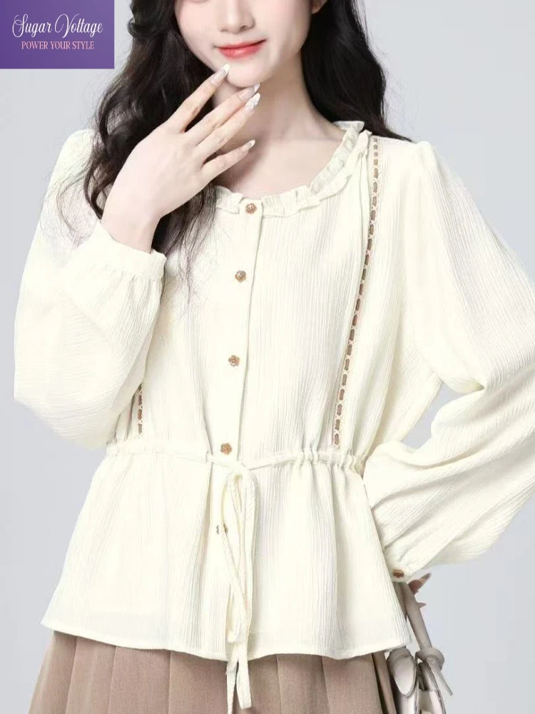 

French Gentle Style Blouse Women 2025 Autumn Round Neck Long Sleeve Ruffle Tie Waist Loose Shirt Retro Chic Elegant Top Fashion