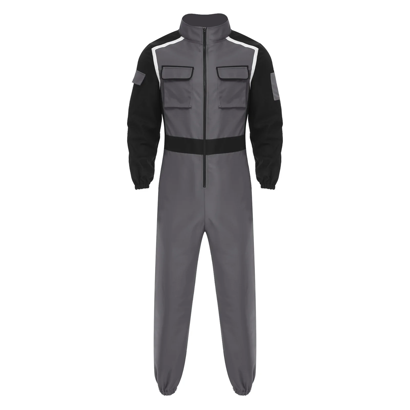 

Men Racing Driver Fireman Cosplay Costume Overall Rompers Front Zip Long Sleeve Pants Pockets Jumpsuit for Halloween Theme Party
