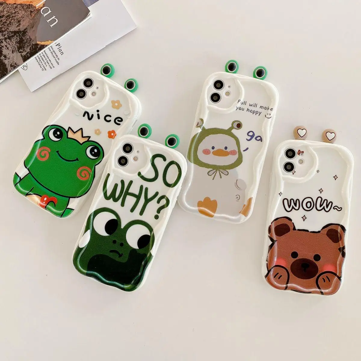 For IPhone 15 Pro Max 14 11 13 12 Mini XR 6s 6 8 7 Plus X XS SE 2020 2022 Cover Cute 3D Bear Duck Frog Eyes Ears Soft Phone Case