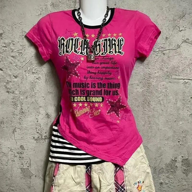 Y2K Summer Fake Two Pieces Casual T-Shirts Aesthetic Irregular Patchwork Tops Women Vintage Letter Print Grunge Harajuku Tees view 4