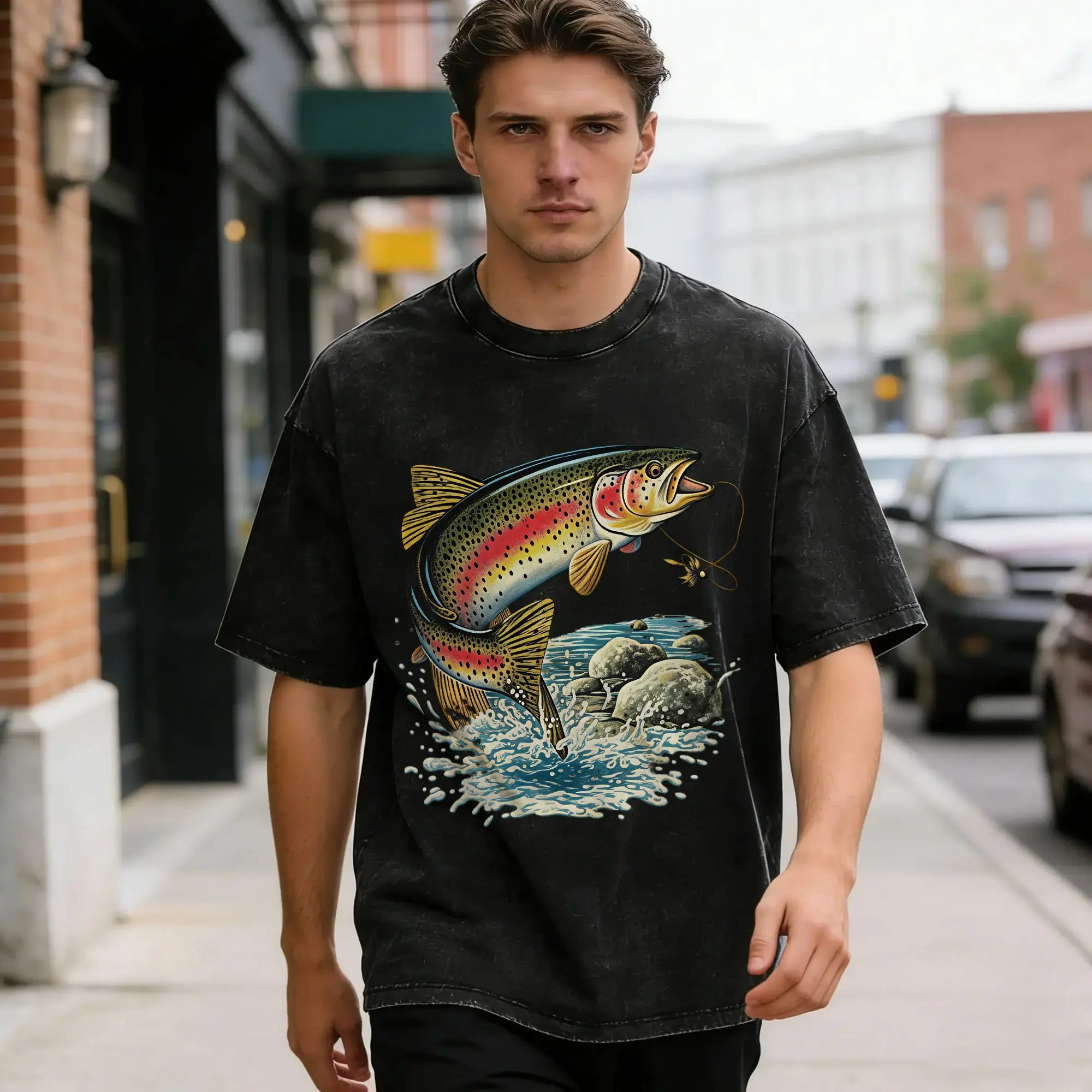 Fly Fishing Men's T Shirt Washed  Fashion Tee Shirt Short Sleeve Round Collar T-Shirts 100% Cotton Printing Tops