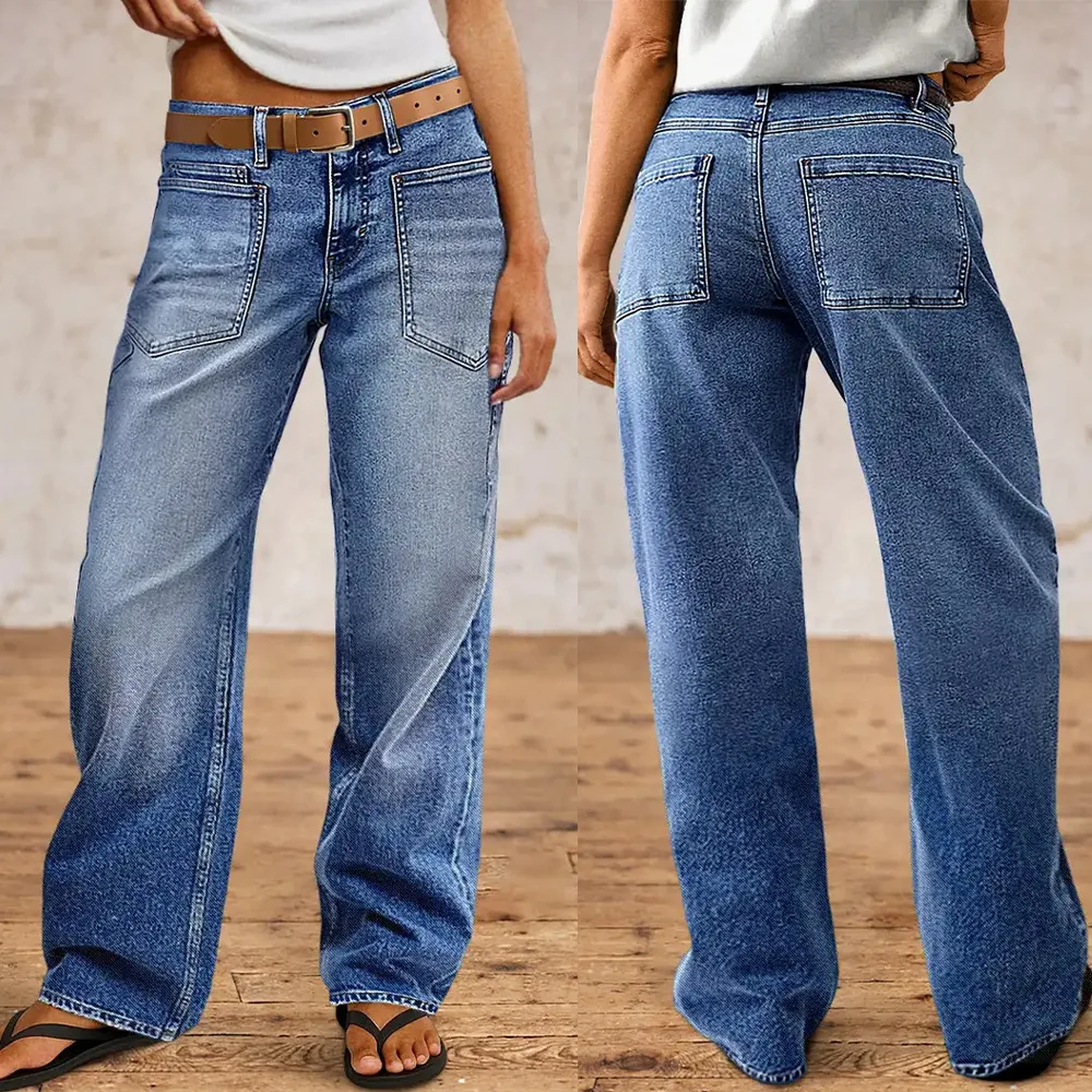 

2026 Spring Summer New Women High Waist Wide Leg Denim Long Pants Retro Wash Gradient Design Loose Straight Leg