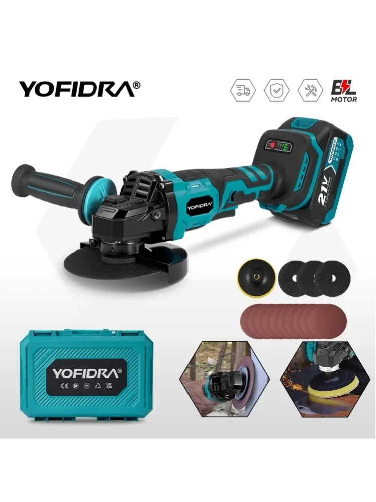 YOFIDRA 3-Gang 125MM Bürstenloser Elektrischer Winkelschleifer Kabelloser Polierer Schneidgerät Holzbearbeitungs-Elektrowerkzeug für Makita 21V 18V Akku