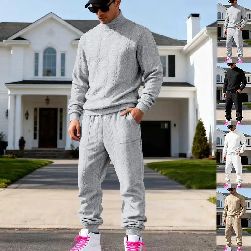

Мужской зимний вязаный повседневный спортивный костюм с высоким воротником, утепленный, больших размеров, простой стиль, с длинными рукавами и брюками