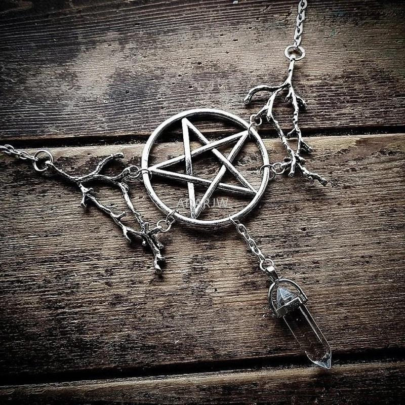 New Gothic Pagan Inspired Pentagram Stone Branches Necklace Witch Punk Mystical Jewelry Charm Wedding Magic Wiccan Gift Women