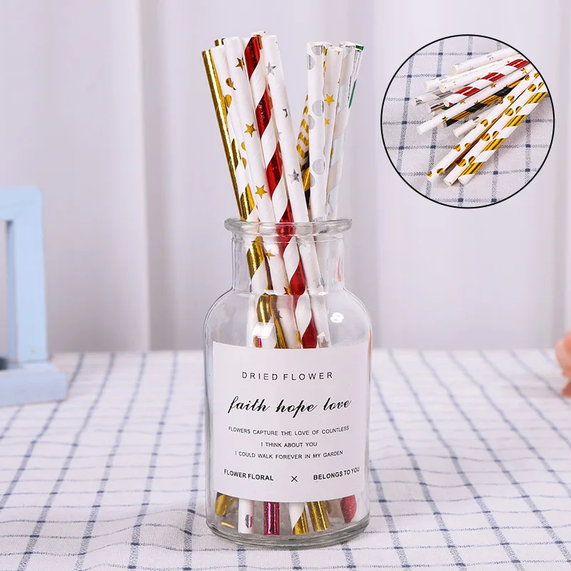 25Pcs/Set Eco Vintage Hot Metal Stripes Kraft Paper Straws Wedding Favors Drinking Kids Birthday Party Decoration Event Supplies